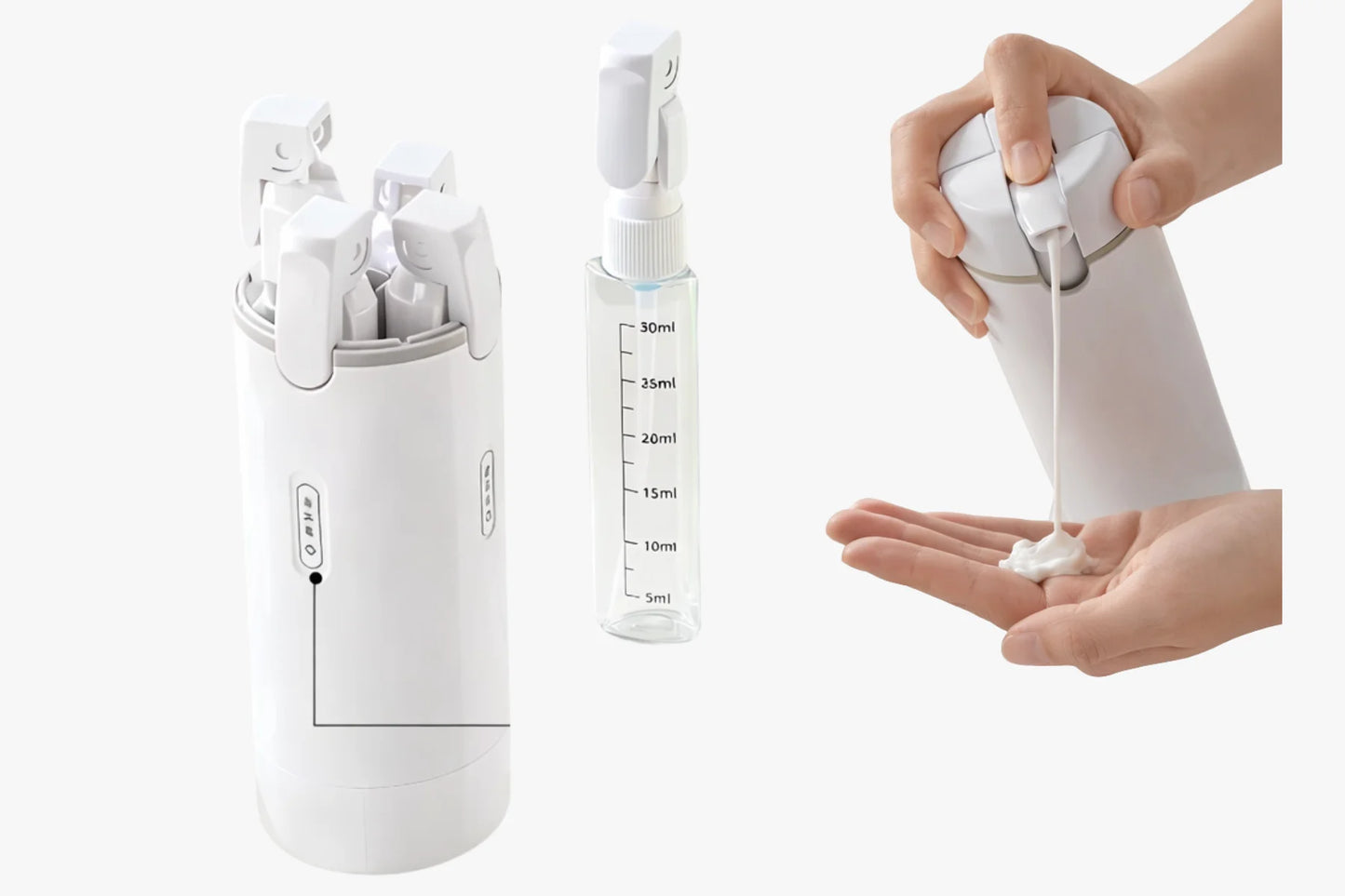 Handled Portable Travel Dispenser - Carry 4 Essentials in One Compac Bottle