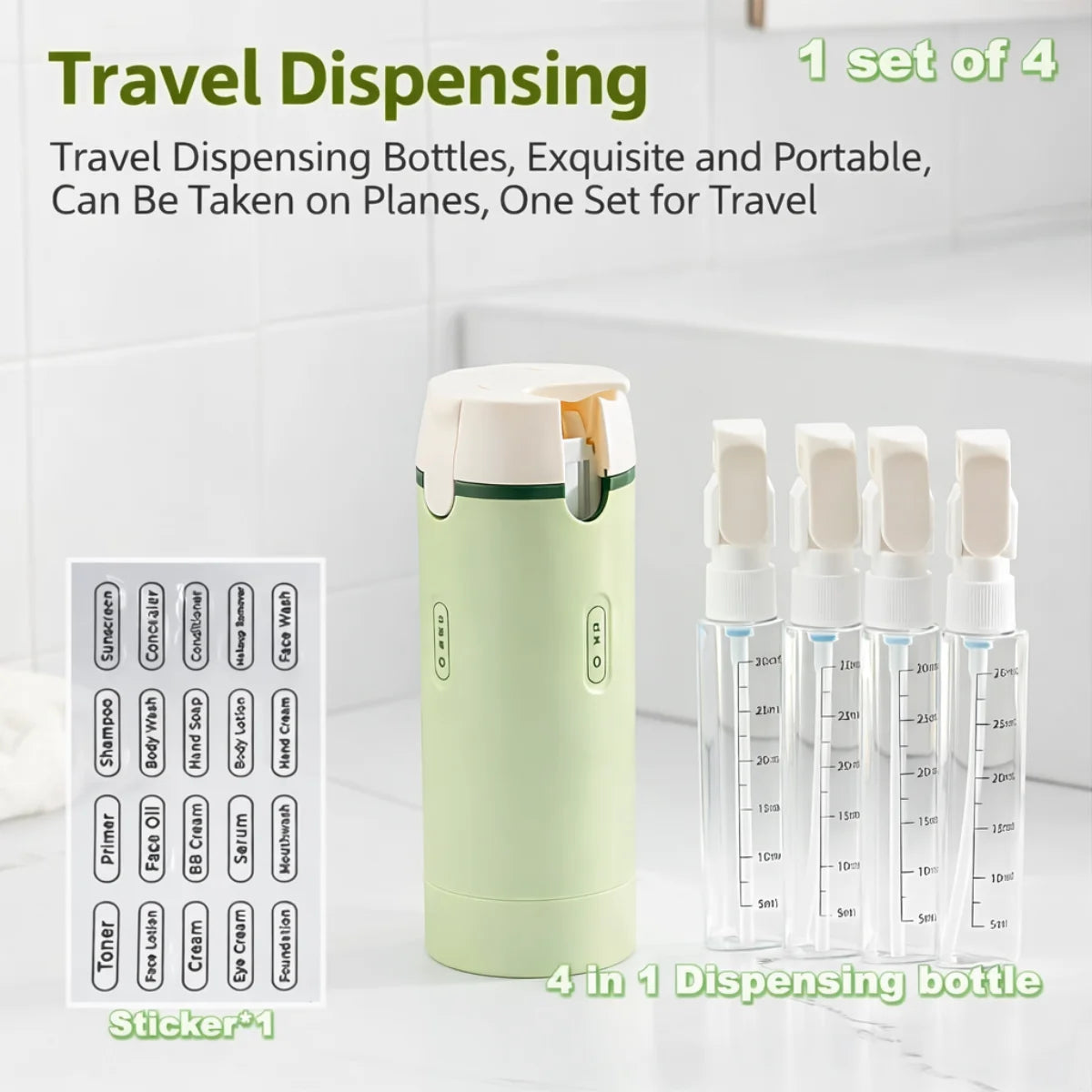 Handled Portable Travel Dispenser - Carry 4 Essentials in One Compac Bottle